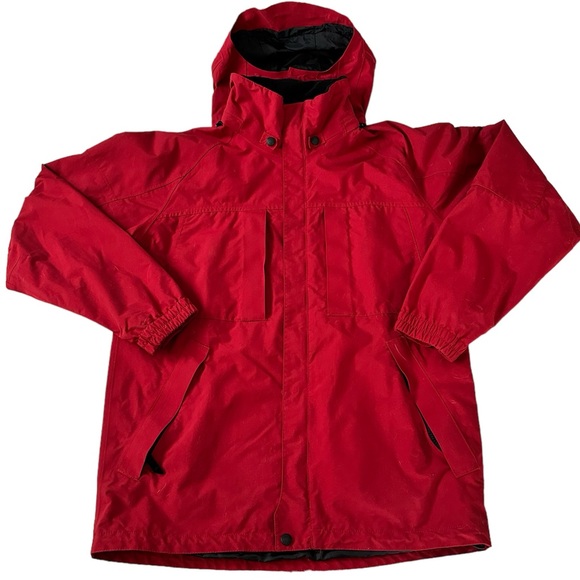 Eddie Bauer Jacket Weatherproof Red & Black 7 Pockets Detachable Hood Sz Small - Picture 3 of 13